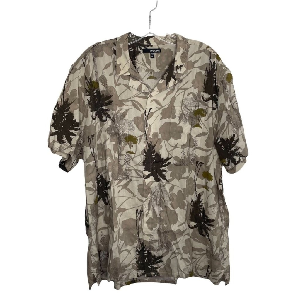 Murano Mens XL Short Sleeve Button Down Shirt Tropical Palm Print Tan Cotton